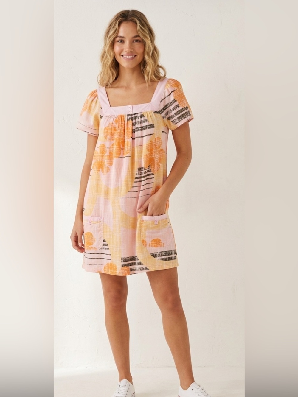 ROXY Pink & Orange Floral Square Neck Mini Dress Pockets -M- MSRP $55